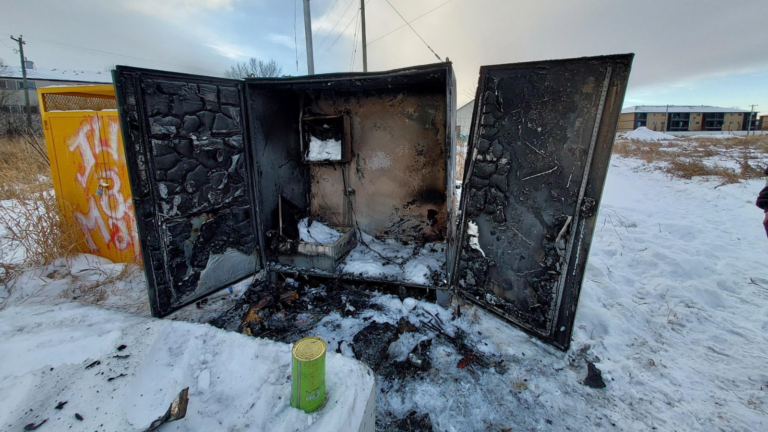 A sewage flow control cabinet north of 54 Avenue was destroyed by fire on January 8 | Photo Supplied by the City of Cold Lake